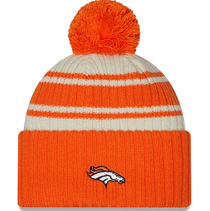 Denver Broncos New Era 2023 Navy Sideline Cuffed Knit Hat with Pom