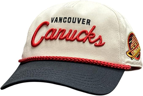 American Needle NHL Vancouver Canucks Roscoe Alt Adjustable Snapback Hat with Side Patch - Cream/Black