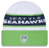 Men's New Era White/Neon Green Seattle Seahawks 2023 Sideline Tech Cuffed Knit Beanie