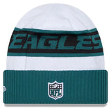 Men's New Era White/Midnight Green Philadelphia Eagles 2023 Sideline Tech Cuffed Knit Beanie