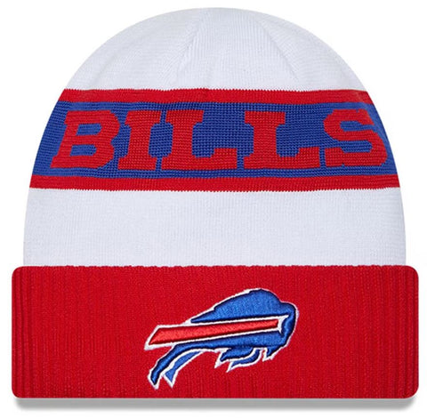 Men's New Era White/Red Buffalo Bills 2023 Sideline Tech Cuffed Knit Beanie