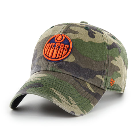 47 Clean Up Edmonton Oilers Adjustable Cap - Camo with Orange Logo