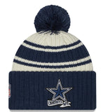 New Era Cream/Navy Dallas Cowboys 2022 Sideline Sport Cuffed Pom Knit Hat