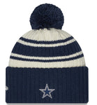 New Era Cream/Navy Dallas Cowboys 2022 Sideline Sport Cuffed Pom Knit Hat